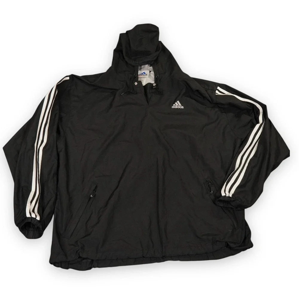 VTG Adidas Jacket Men Large Black Hooded 3 Stripe Logos Y2K Windbreaker Pullover